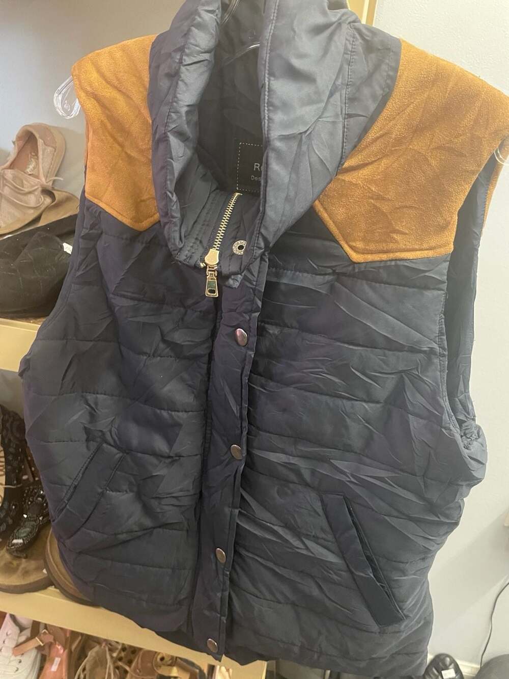 RolyPoly Navy Puffer Vest with Western Faux Suede Yoke